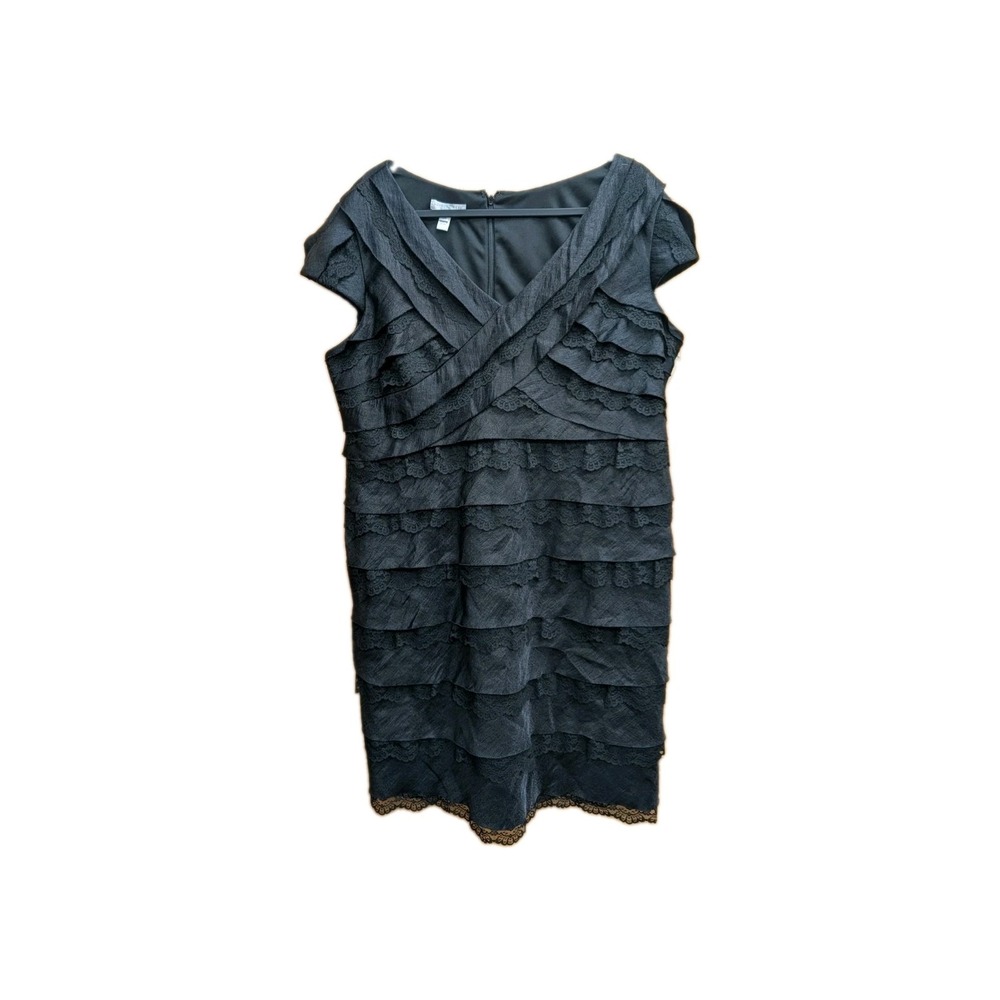 London Times Woman 18 W Little Black Dress Semi Sheer Lined Tiered Ruffle Formal